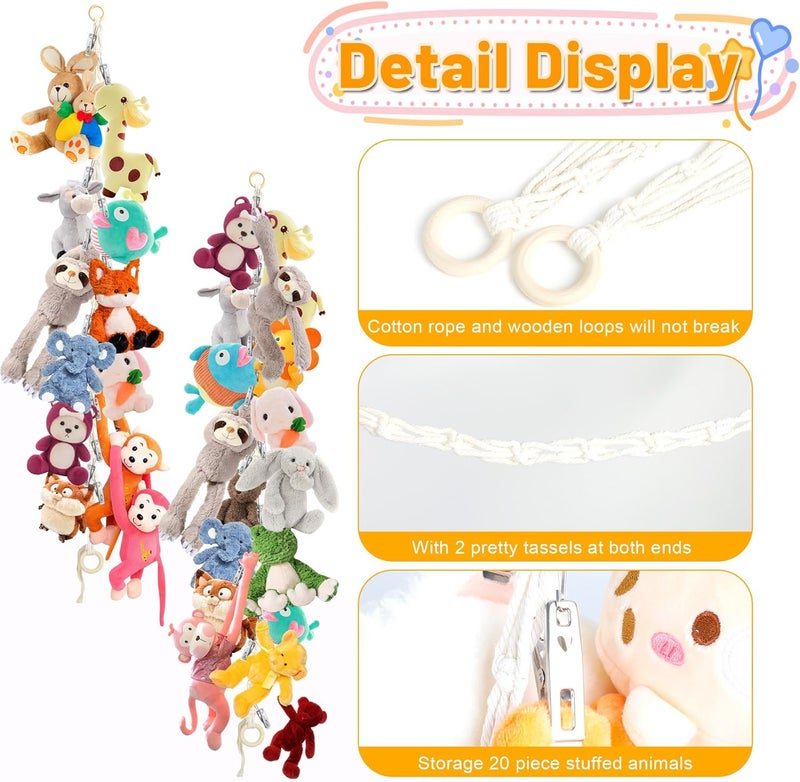 Dorblely 2pcs Stuffed Animal Storage Chain - Boho Stuffed Animal Hammock with 40pcs Metal Clips, Stuff Animal Organizer Hanging Storage for Bedroom Wall Door Display - Image 3